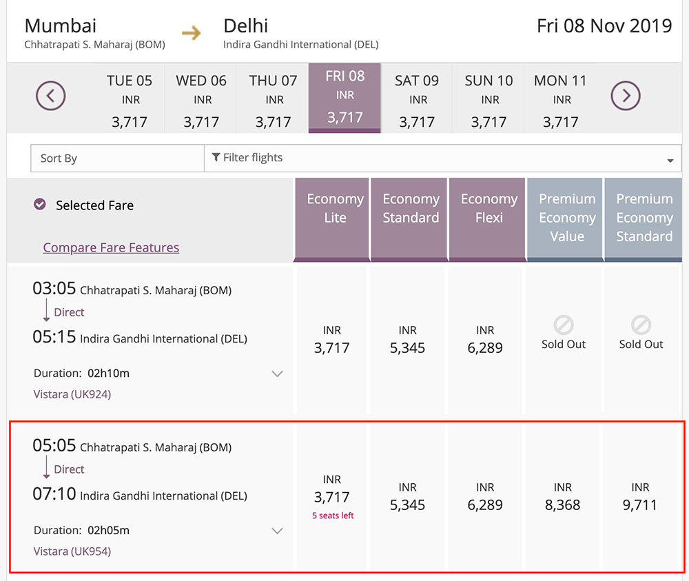 Vistara fare from Mumbai to Delhi on 8 Novemner 2019
